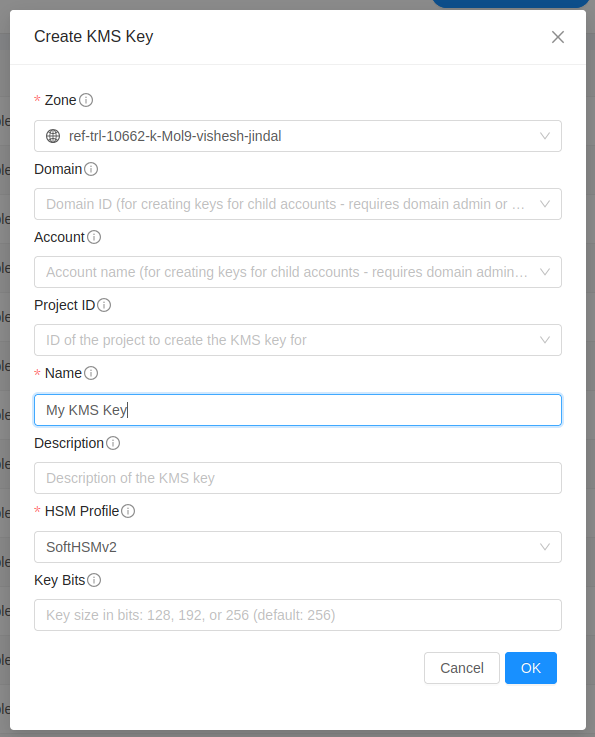 Create KMS Key dialog